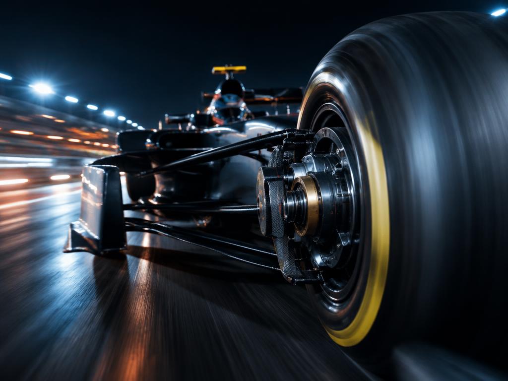 Race car wheel hub hardware at speed